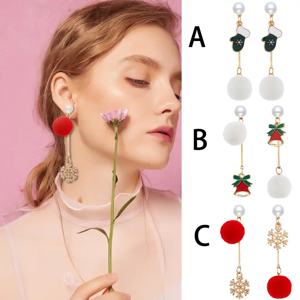 christmas bell snowflake gloves plush ball long drop earrings
