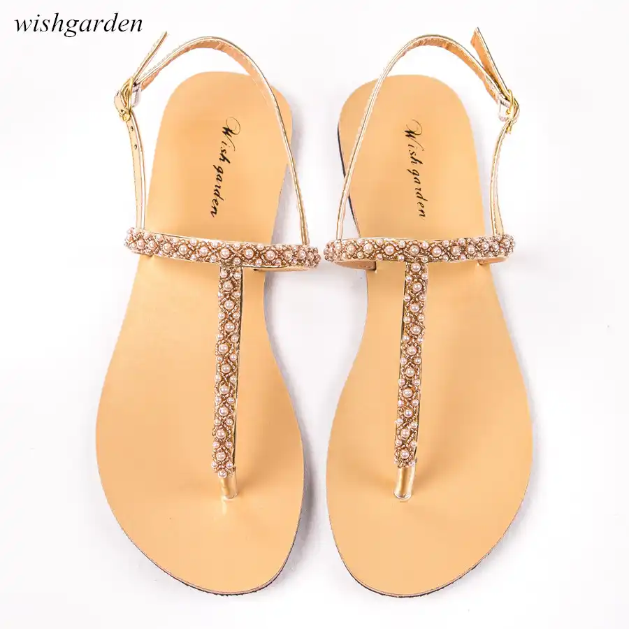 women bohemian style sandals casual beach pearls shoes