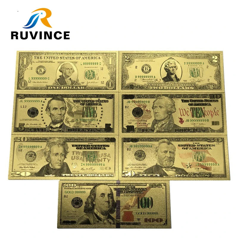 7PCS/Set Gold Plated Dollar Banknotes 1/2/5/10/20/50/100 Dollar Gold Antique Plated USA Souvenir Fake Money Home Decoration
7PCS/Set Gold Plated Dollar Banknotes 1/2/5/10/20/50/100 Dollar Gold Antique Plated USA Souvenir Fake Money Home Decoration