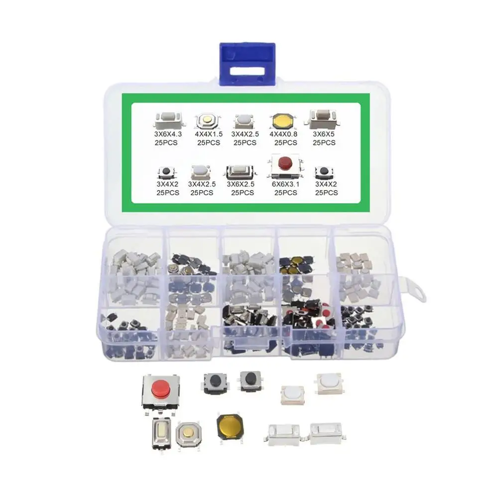 250PCS 10 Types Tactile Push Button Touch Switch Remote Keys Button Microswitch Assortment Kit Hot Sale
250PCS 10 Types Tactile Push Button Touch Switch Remote Keys Button Microswitch Assortment Kit Hot Sale