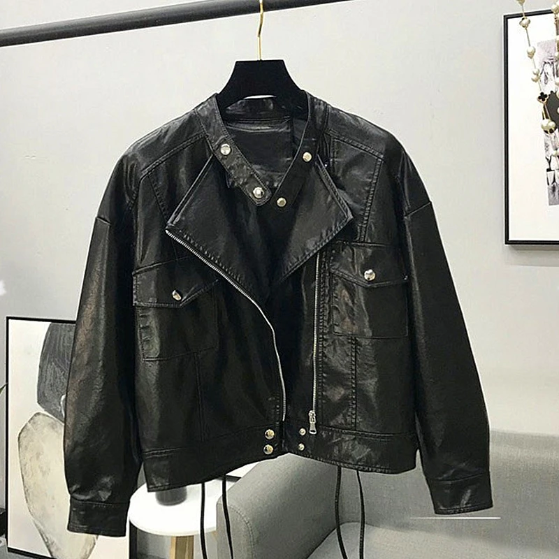 Autumn Fringed leather black women's stand collar lace leather jacket 2019 winter Korean loose short biker jacket women B567 
Autumn Fringed leather black women's stand collar lace leather jacket 2019 winter Korean loose short biker jacket women B567