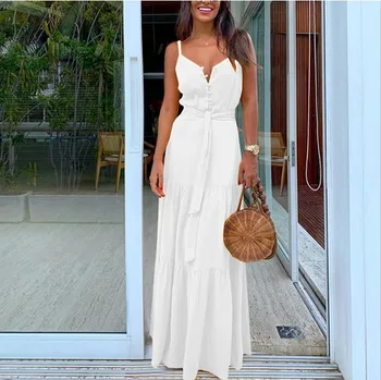 2020 New V Neck Sexy Spaghetti Dress Solid Summer Button Maxi Dresses Fashion Stitching Belt Dress Casual Party Long Dresses
2020 New V Neck Sexy Spaghetti Dress Solid Summer Button Maxi Dresses Fashion Stitching Belt Dress Casual Party Long Dresses