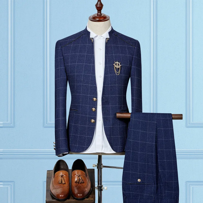 37.1 2、立领、单排扣、89.99、Men suits костюм men's suit collar plaid suit men's business casual suit mens suits blaze with pants terno masculino slim fit