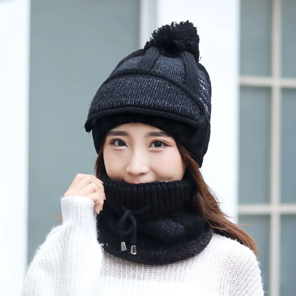 Winter Cap Women Hat Warm Solid Plus Thicken Scarf And Two-Piece Knit Windproof Beanie Muts #3 | Аксессуары для одежды