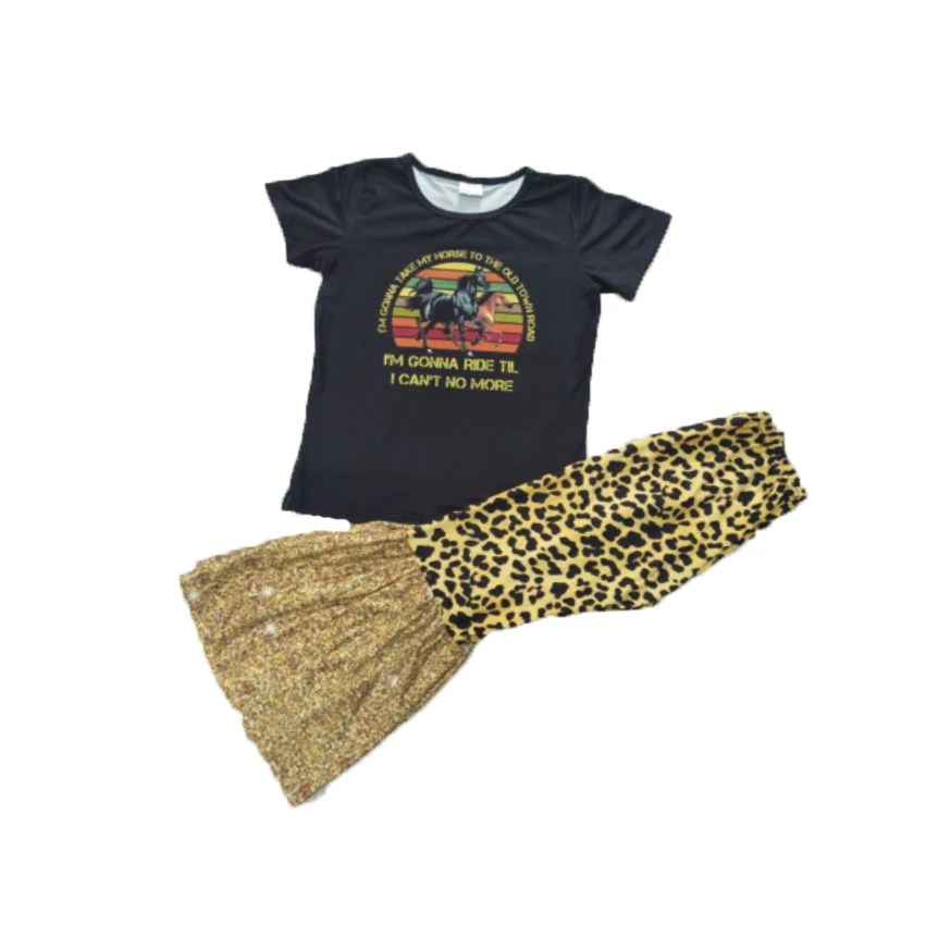 

Wholesale/retail horse baby girls outfits letter t shirt+leopard flare pants 2 pcs set kid boutique children's clothing suit gxj