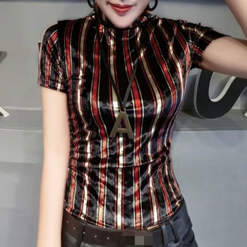 Fashion 2020 Summer European Clothes Turtleneck Pleuche Print Stripe T-shirt Women Tops Ropa Mujer Bottoming Shirt Tee T02214
Fashion 2020 Summer European Clothes Turtleneck Pleuche Print Stripe T-shirt Women Tops Ropa Mujer Bottoming Shirt Tee T02214