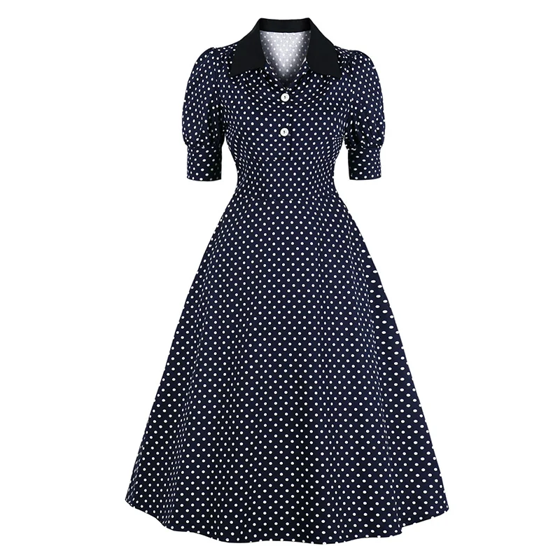 

Women Summer Short Sleeve Polka Dot Printed Vintage Retro 50s 60s pin up Rockabilly Party Knee Length Skater dress for ladies