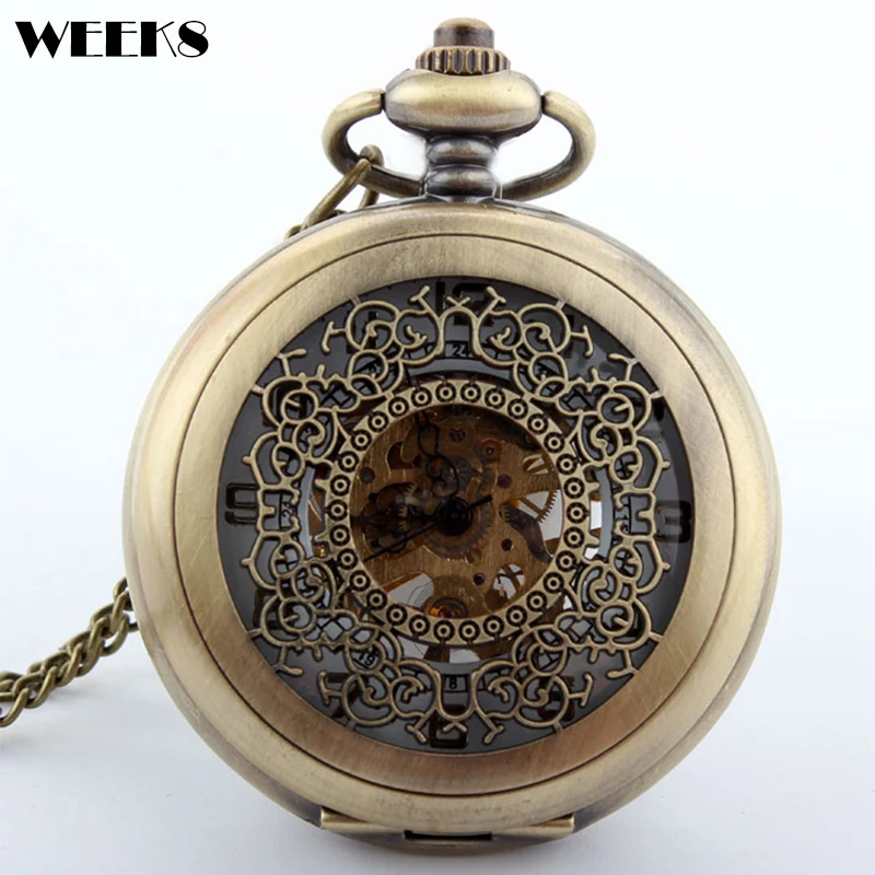 

Roman Numeral Mechanical Pocket Watch Vintage Bronze Hollow Case Steampunk Skeleton Luminous Fob Chain Clock for Men Women Gift