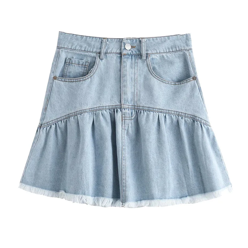 Pleated Washed Blue Denim Skirt Sweet Fashion Wear Fringed Patchwork Denim Mini Skirt Retro High Waist College Style Girl Skirt 
Pleated Washed Blue Denim Skirt Sweet Fashion Wear Fringed Patchwork Denim Mini Skirt Retro High Waist College Style Girl Skirt