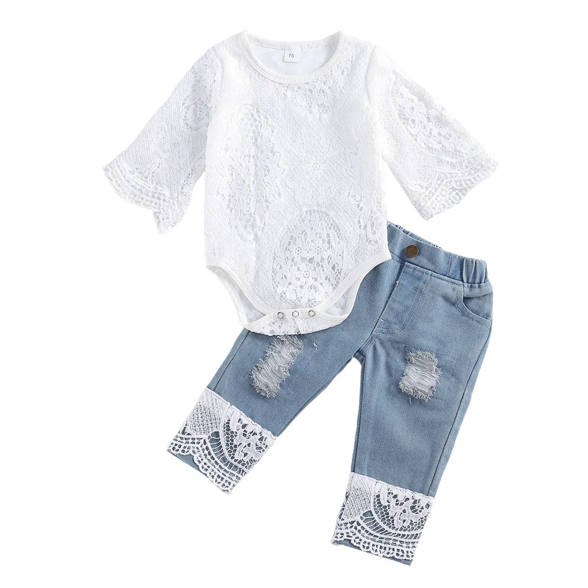 

Baby Girls Long Sleeve Lace Romper Girl Triangle Crotch Round Neck Lace T Shirts Kids Long Jeans Kid Patchwork Pants 2Pcs Sets