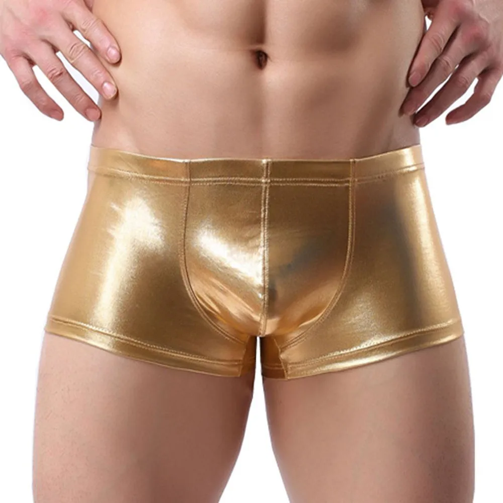 

Gold Leather Boxers Men Underwear Sexy U Convex Boxershorts Gay Lingerie Night Clubwear Male Underpants Men Silver Trunks A30