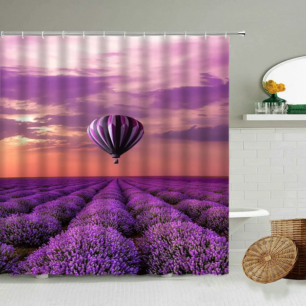 

Rural Scenery Shower Curtain 3D Purple Lavender Hot Air Balloon Bathroom Home Wall Decoration Waterproof Polyester Curtains