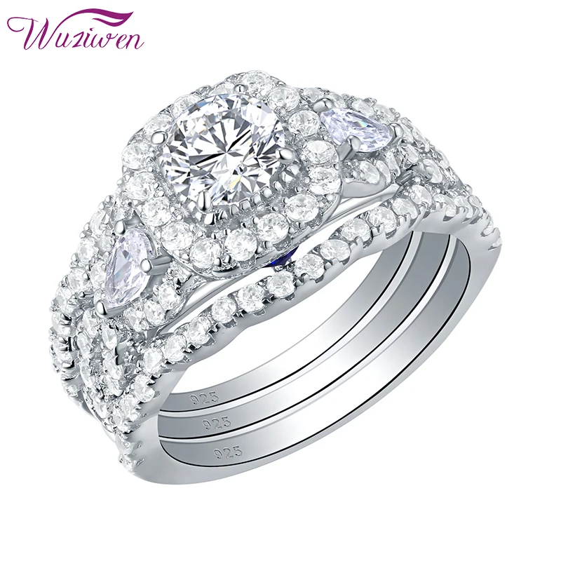 Wuziwen 3pcs Engagement Wedding Ring Set for Women Sterling Silver Cz Created Blue Sapphire