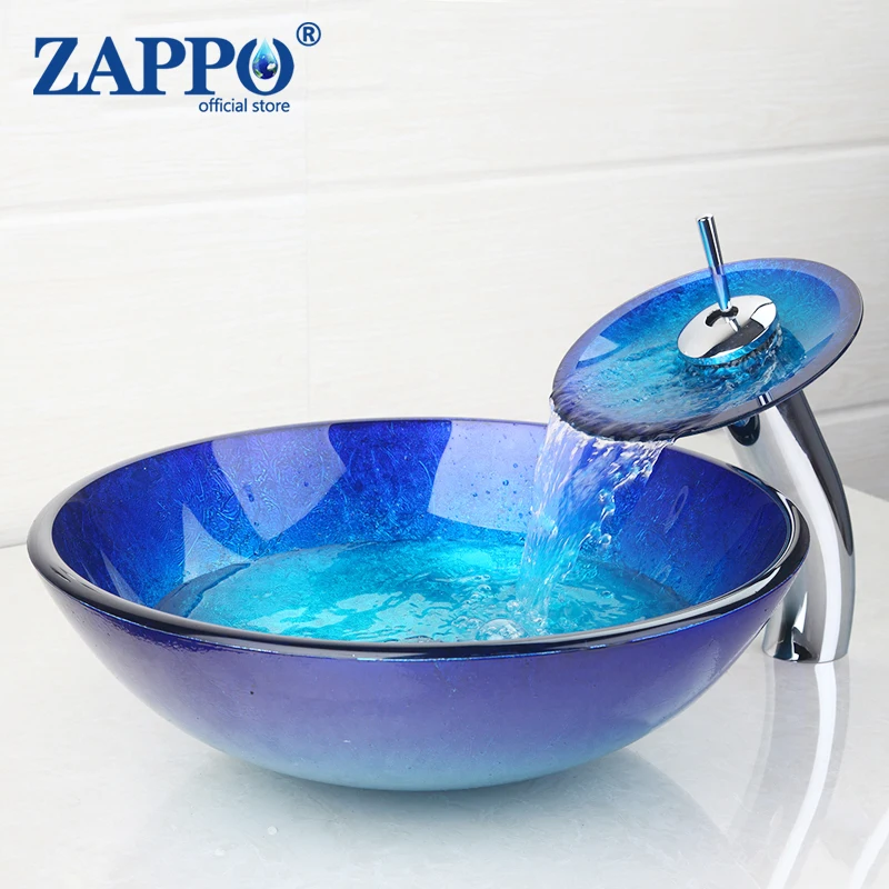 

ZAPPO Bathroom Round Bule Tempered Glass Basin Sink Faucet Combo Washbasin Sinks with Waterfall Faucets Pop Up Sink Drain