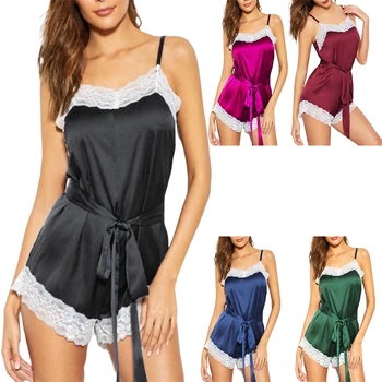 Women Satin Lace Sexy Sleepwear Nightwear Sleeveless Female One Pieces Solid Strap Nightgown Gown With Belt
Women Satin Lace Sexy Sleepwear Nightwear Sleeveless Female One Pieces Solid Strap Nightgown Gown With Belt