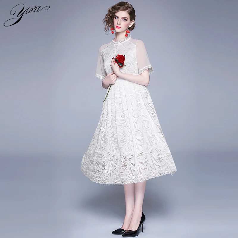 Solid White Woman Mid Lace Dress Stand Collar Female Casual Slim A-line Party Dresses Summer New Ladies Laces Dresses 
Solid White Woman Mid Lace Dress Stand Collar Female Casual Slim A-line Party Dresses Summer New Ladies Laces Dresses