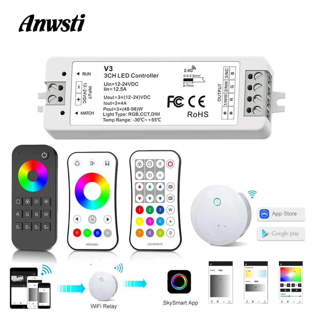 RGB LED Controller 12V 24V DC 12A RF 2.4G Wireless Remote Control Smart Home Wifi RGB Controller Dimmer for LED Strip Light 
RGB LED Controller 12V 24V DC 12A RF 2.4G Wireless Remote Control Smart Home Wifi RGB Controller Dimmer for LED Strip Light