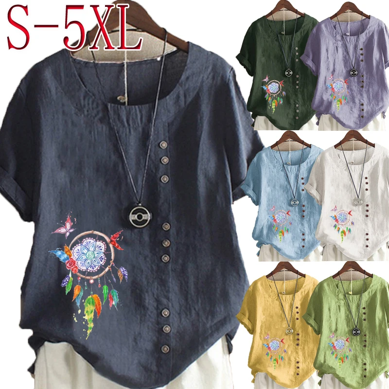 

Women's New Fashion Summer Floral Dreamcatcher Printed Round Neck Short Sleeve T-shirt Casual Loose Solid Color Blouse Tops