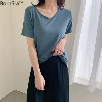 BornSra Casual V-neck Solid Women T-shirt Vintage Short Sleeve Loose Women Tops Tees Summer Female Tops 2020
BornSra Casual V-neck Solid Women T-shirt Vintage Short Sleeve Loose Women Tops Tees Summer Female Tops 2020