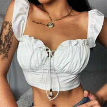 

Women Ruffled Tie-up Cropped Top Blouse Sexy Solid Color Sleeveless Backless Slim Fit Camis Tanks Black White Summer Clothes