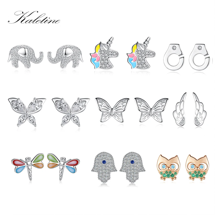 

KALETINE 925 Sterling Silver Earrings Women Elephant Wings Butterfly Owl Pave CZ Luck Turkey Hamsa Hand Stud Earrings Jewelry