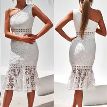 Mujeres Hallow Out vestido de encaje blanco sin mangas bodycon sensual de espalda descubierta Vestidos de fiesta de señora Vestidos # g5(China)