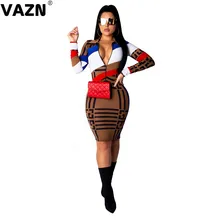 VAZN GSD19101 otoño Silm 3 colores estampado cremalleras vestido Casual 2019 nuevo diseño Vestido de manga larga vestido de mujer(China)