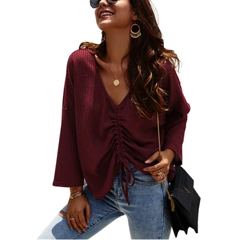Women V Neck Long Sleeve Waffle Knit Ruched Drawstring Front Tie Pullover Blouse Jumper Female Autumn Sweaters
Women V Neck Long Sleeve Waffle Knit Ruched Drawstring Front Tie Pullover Blouse Jumper Female Autumn Sweaters