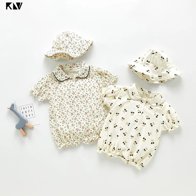 

KLV 2Pcs Baby Girl Baby Boy Rompers Hat Set Cotton Cherry Flowers Jumpsuit Cap Clothes Infants Outfits Clothing Gifts