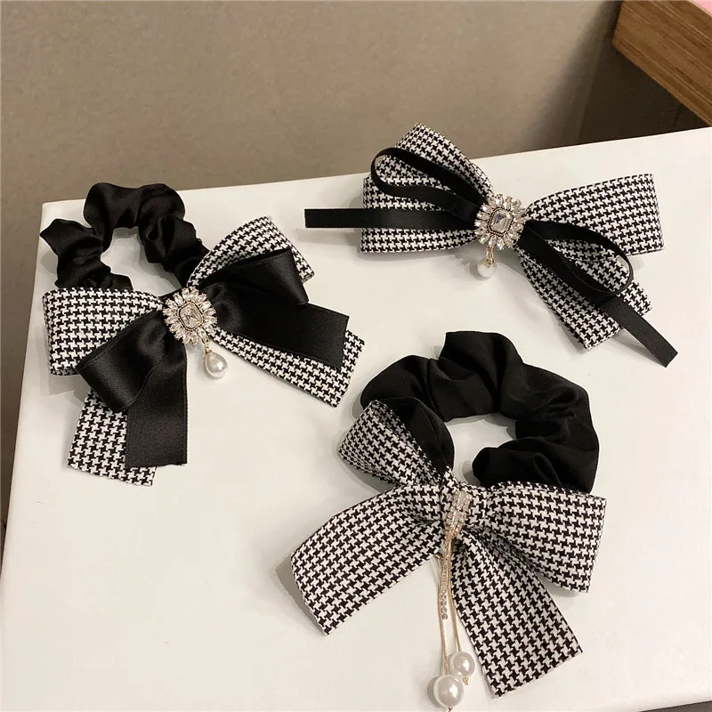 

South Korea's new autumn and winter houndstooth bow high-grade rhinestone inlaid drill rope hair rope hair ring rubber band