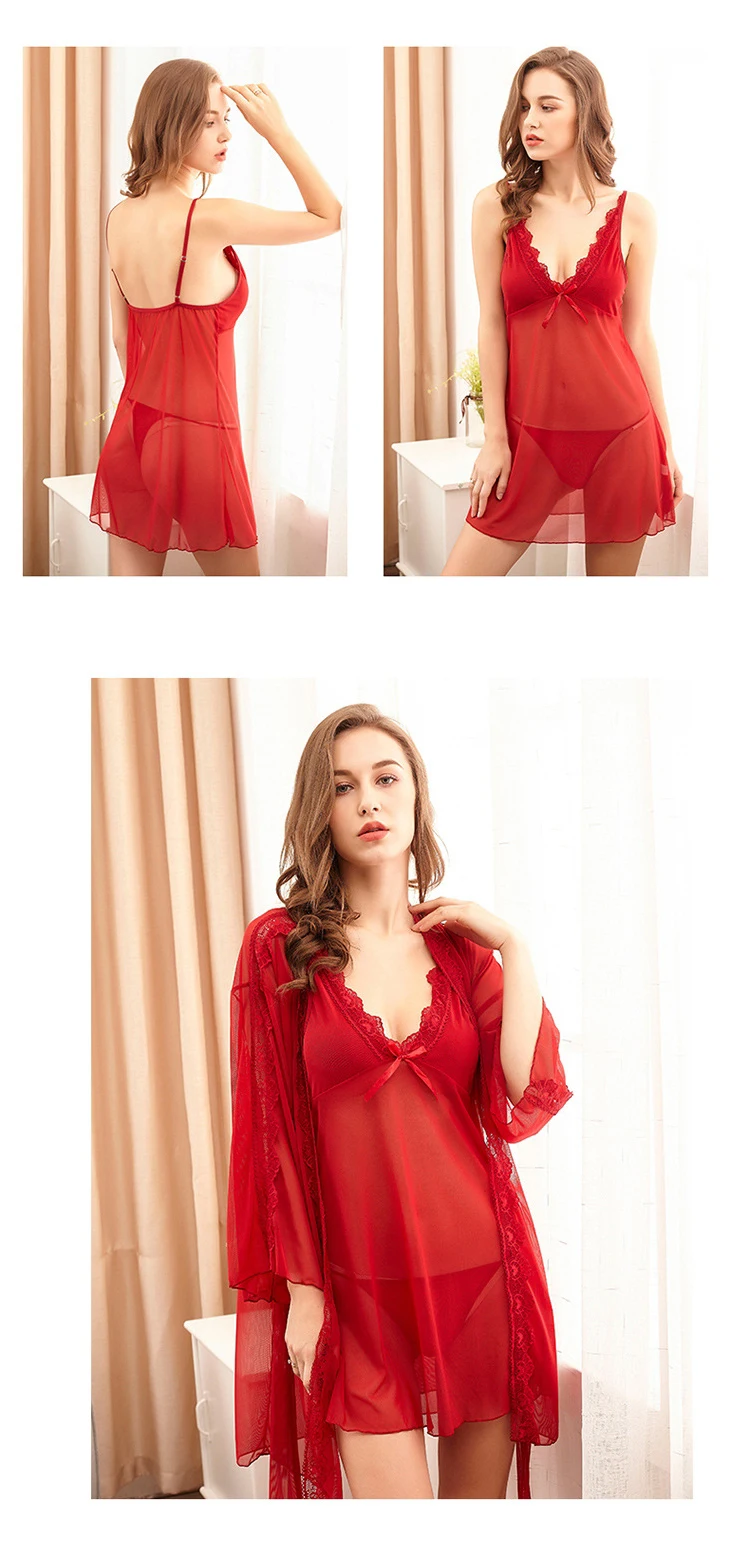 Waliicorners Three-piece sexy lingerie female bride halter strapless nightdress ladies mesh sexy nightdress nightgown suit five-color M-XL 12 H558b8f1cf06545d0a270d3e59a7d2c19v