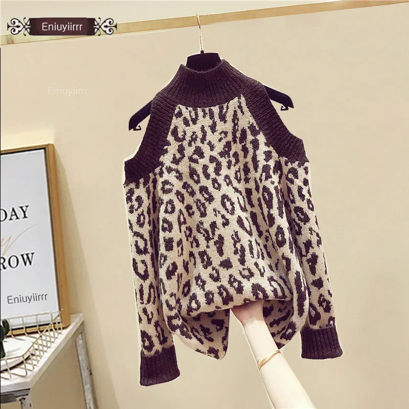 Women Off Shoulder Tops Knitted Sweaters Sexy Leopard Turtleneck Sweater Pullovers Winter E1103 | Женская одежда