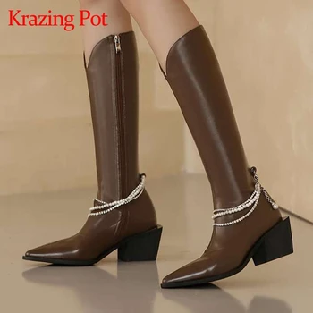 Krazing pot pointed toe high heel Chelsea boots pearl chain decoration princess style pretty girls dating knee-high boots L61
Krazing pot pointed toe high heel Chelsea boots pearl chain decoration princess style pretty girls dating knee-high boots L61