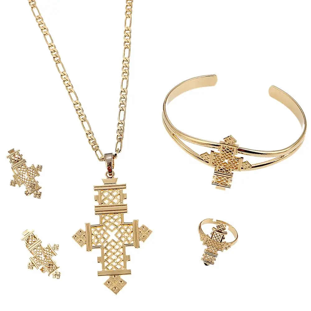 Ethiopian Cross Pendant Earrings Bangle Ring Set Coptic Crosses Gold Color African Religion Jewelry | Украшения и аксессуары