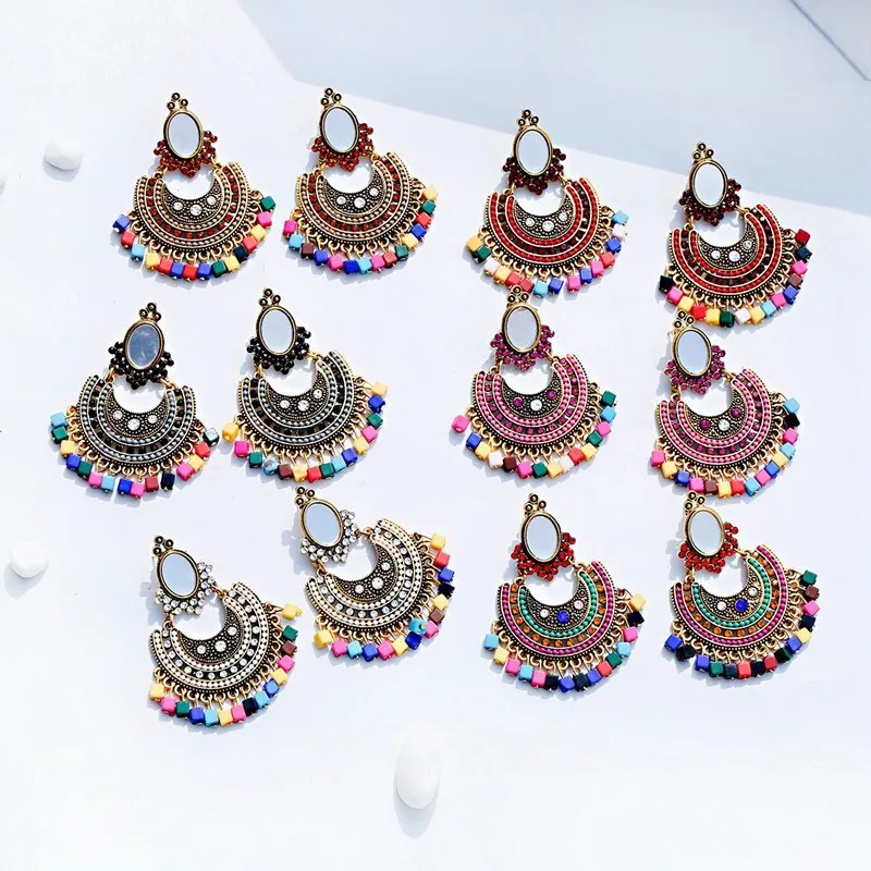 Винтажные Разноцветные квадратные серьги кисточки Jhumka для женщин в стиле бохо