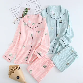 Pajamas Set Full Cotton 2pcs Shirt+pants Sleepwear Set Lovers Women New Ladies Femme Turn-down Collar Female Homewear 
Pajamas Set Full Cotton 2pcs Shirt+pants Sleepwear Set Lovers Women New Ladies Femme Turn-down Collar Female Homewear