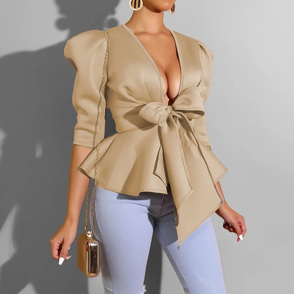 Women Elegant Shirts Ruffles Sexy Deep V Neck Half Sleeve Fashion Bowknot Design Blouse Autumn Plus Size Outwear Blouse Shirts 
Women Elegant Shirts Ruffles Sexy Deep V Neck Half Sleeve Fashion Bowknot Design Blouse Autumn Plus Size Outwear Blouse Shirts