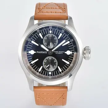 46mm PARNIS black dial power reserve date automatic WATCH Leather strap ST 2542 mechanical mens watch
46mm PARNIS black dial power reserve date automatic WATCH Leather strap ST 2542 mechanical mens watch