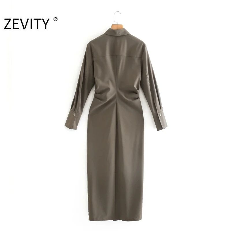 ZEVITY women fashion solid pleats shirt dress office ladies long sleeve single breasted vestido chic casual slim dresses DS4468