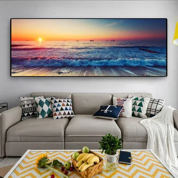 

Canvas Paintings Sunset By The Sea on The Wall Art Posters and Prints Ocean Waves Art Pictures for Bed Room Wall Decor Cuadros