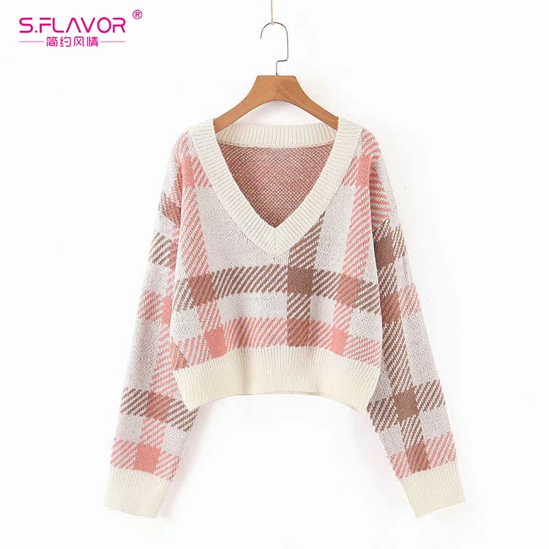 S. FLAVOR 2019 зима осень женский клетчатый пуловер с v-образным вырезом свитер модный