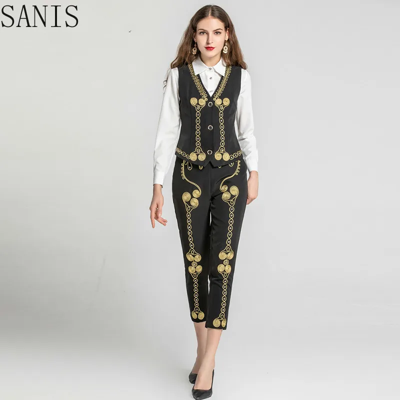 SANIS 2020 Spring Summer Women 3 Piece Set Golden Applique Rivets White Blouse + Vest + Pencil Pants New Suit
SANIS 2020 Spring Summer Women 3 Piece Set Golden Applique Rivets White Blouse + Vest + Pencil Pants New Suit