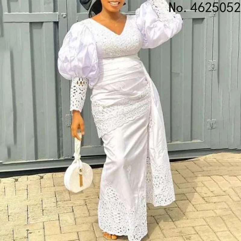 Elegant Lace Dresses For Women Dashiki White Abaya Turkey Long Robe Hollow Out African Clothes Wedding Kaftan Africaino | Тематическая