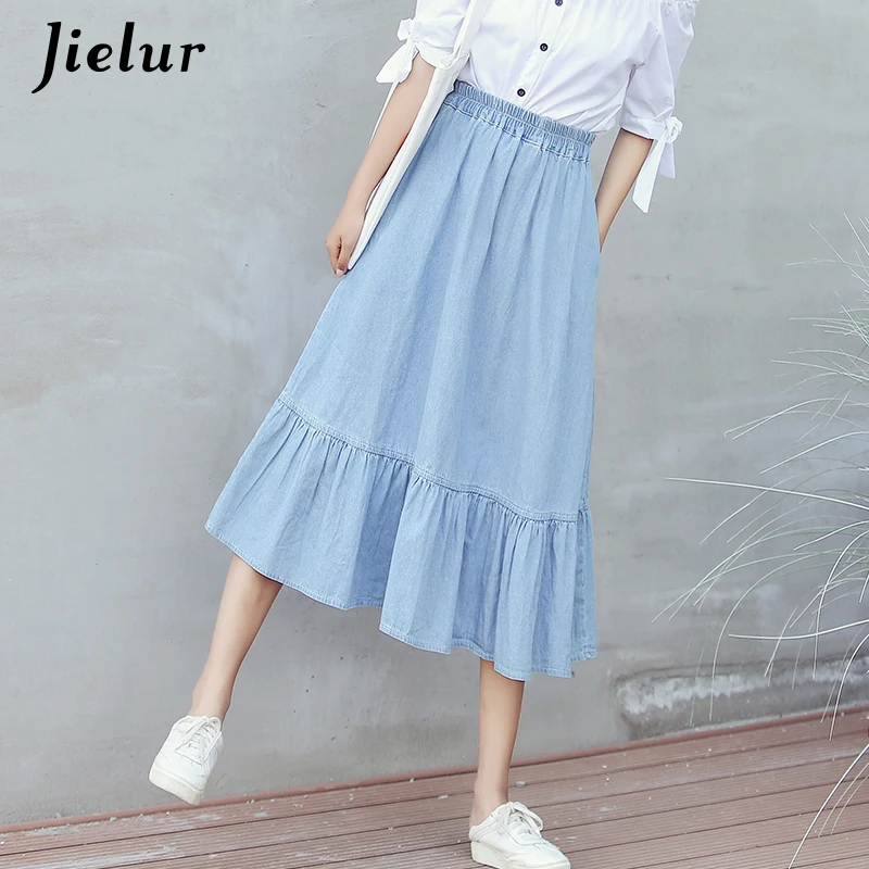 

Jielur Solid Color Korean Casual Ruffle Skirt Summer Harajuku High Waist Elastic Long Skirt Women Pocket Slim Jupe Femme