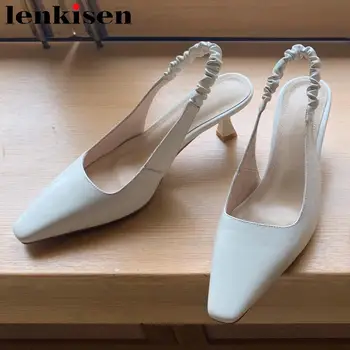 Lenkisen new solid simple style full grain leather square toe high heels pleated European design beauty lady sandals women L58 
Lenkisen new solid simple style full grain leather square toe high heels pleated European design beauty lady sandals women L58