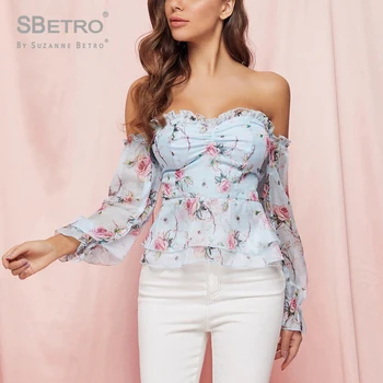 

Sbetro new fashion Ruched Detail Shirred Back Bardot Peplum Topfor Women