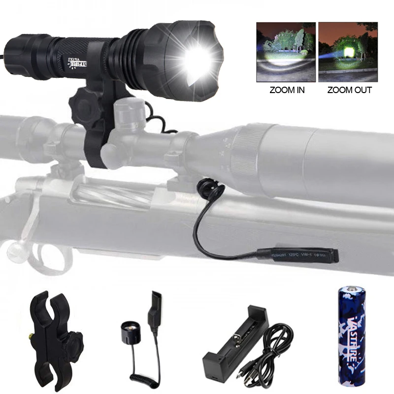 C8.2 Focusing 5000 Lumens L2 LED Flashlight Tactical Zoomable Hunting Rifle Scope Light+18650+Charger+Gun Rail Mount+Switch
C8.2 Focusing 5000 Lumens L2 LED Flashlight Tactical Zoomable Hunting Rifle Scope Light+18650+Charger+Gun Rail Mount+Switch