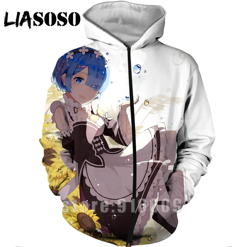 Re Zero Rem 3D Print Hooded Sweatshirt Women Men Ram Anime Hoodies Casual Design Jacket Harajuku style Pullover Zipper Hoodie (3)