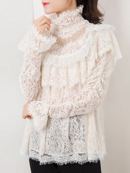 

Ruffled cape lace splicing dot dot mesh gauze shirt ladies spring fashion wild retro layered lace lace shirt