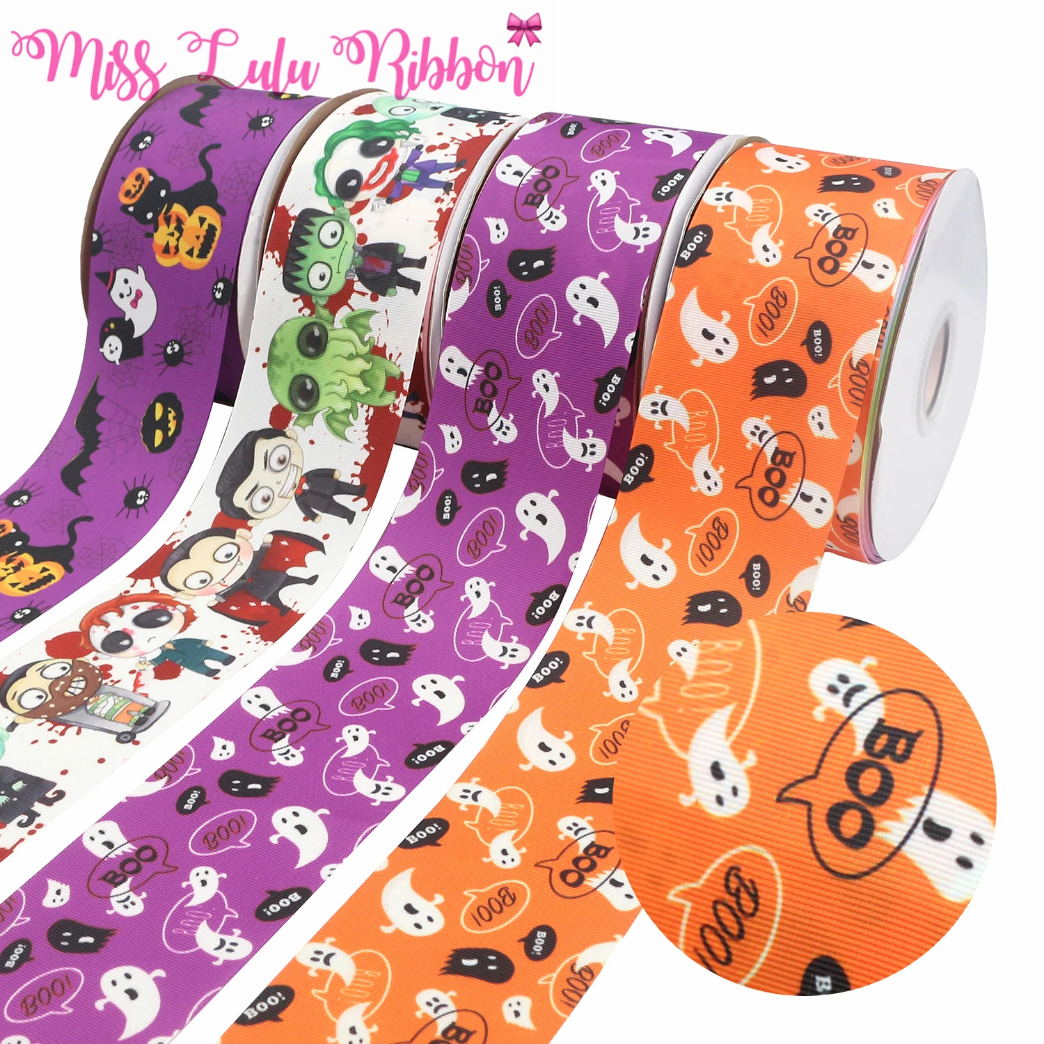 

16mm-75mm Halloween Pumpkin Devil Gift Decoration Cartoon Printed Grosgrain/Foe Ribbon DIY Festival Hair Bowknots 50yards/roll